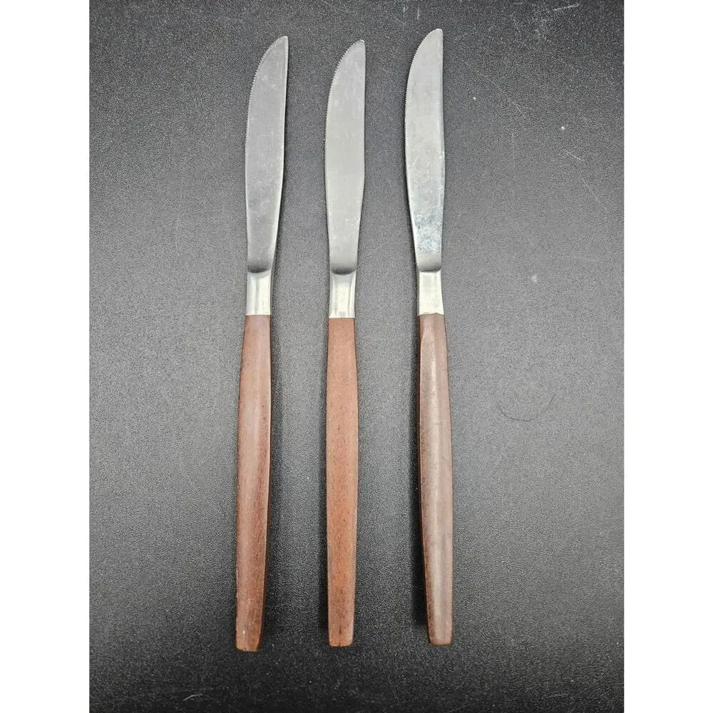 Vintage EKCO Eterna Epic Stainless Canoe Flatware Wood Handle Knives 3 piece